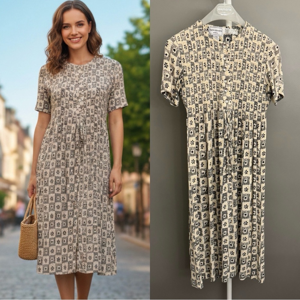 Vintage Boho Pattern Hippie Floral Cottagecore Festival Cream Midi Dress Medium